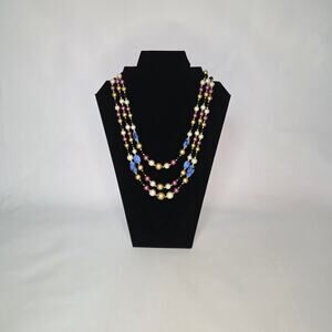 Vintage Multi-Strand Faux Pearls Blue Lampwork Glass Beads Gold Tones Necklace
